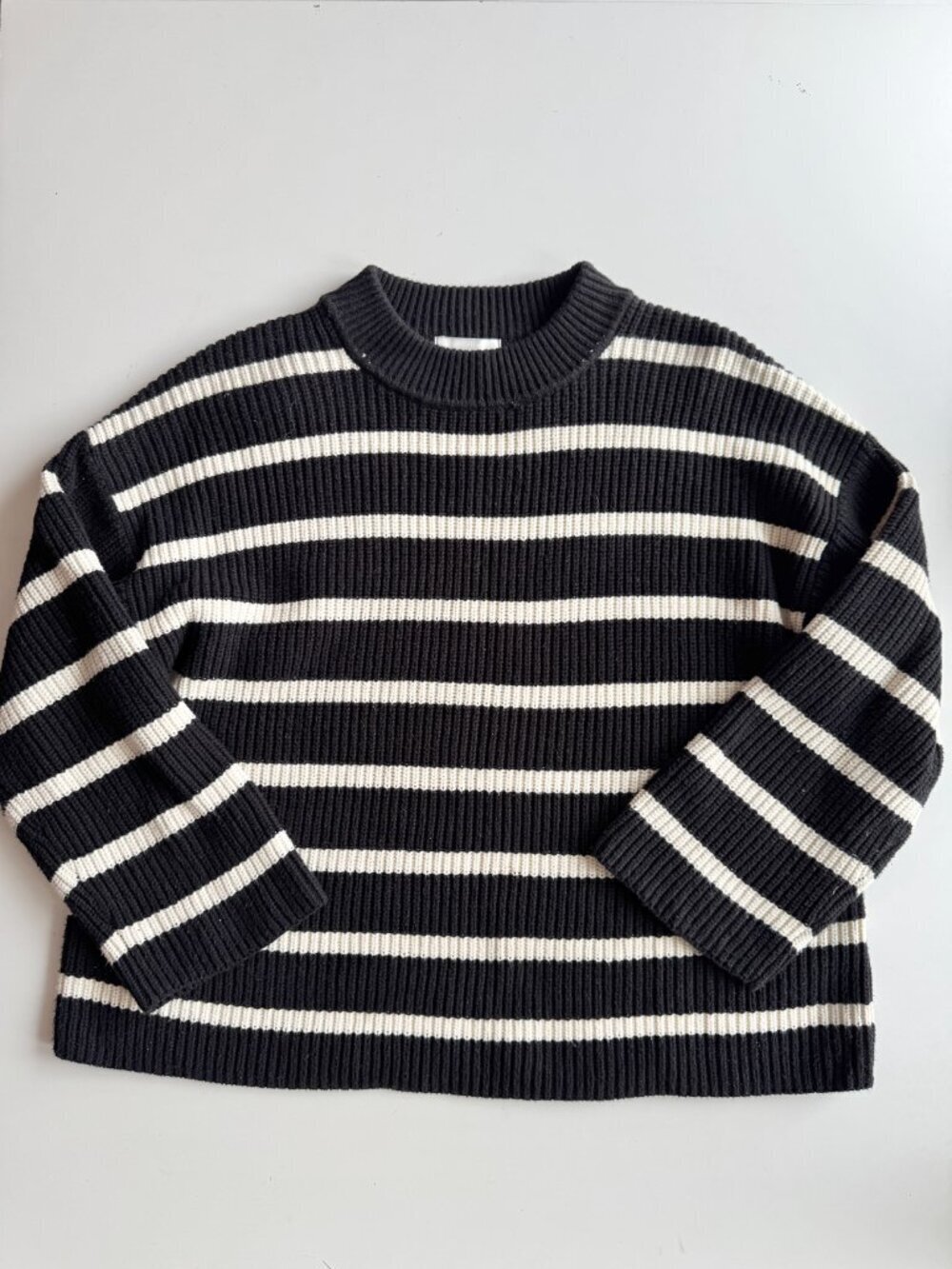H&M Black Ivory Striped Cotton Chunky Rib Knit Crew Neck Loose Sweater, Size S - Picture 6 of 12